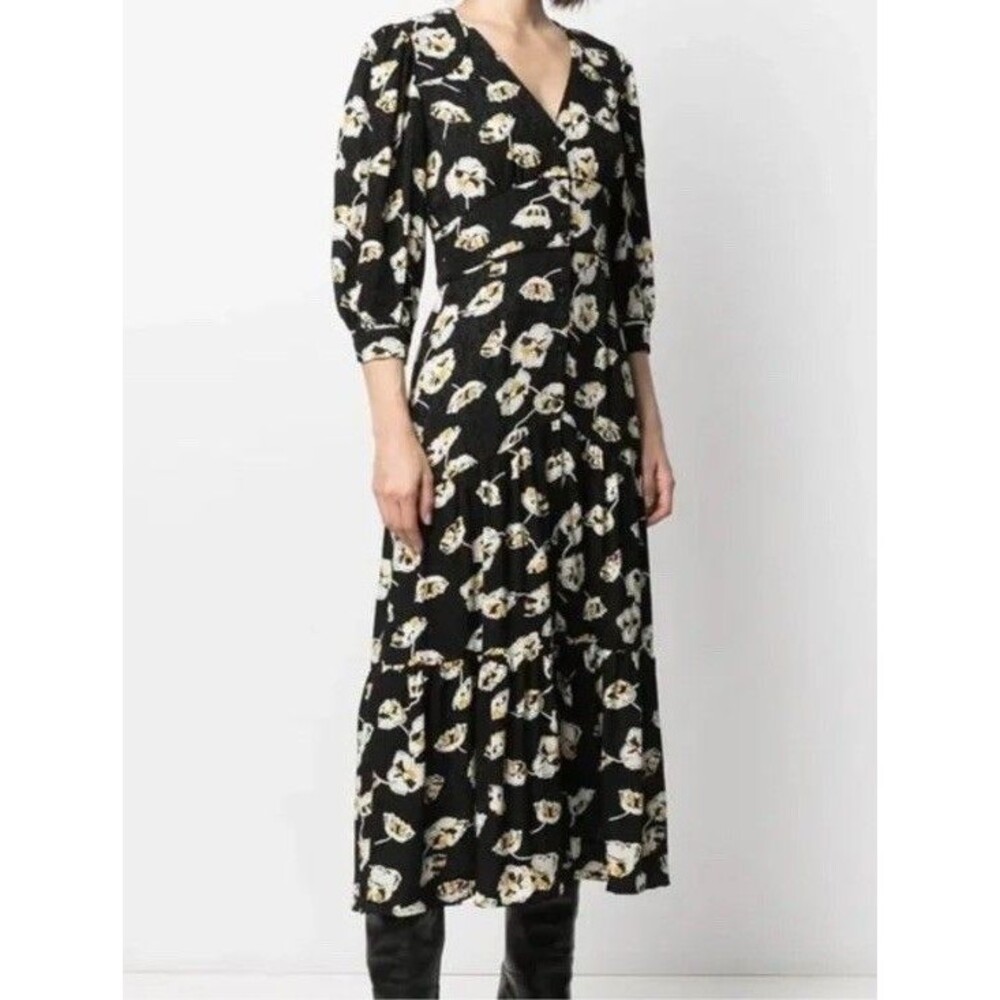 Ba&Sh Ullia Gathered Floral-Print Satin-Jacquard Midi Dress In Viscose Medium